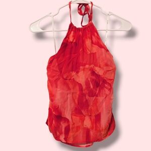 Kookai Coral Red Floral Viscose Open Back Halter Top Resortwear Beach